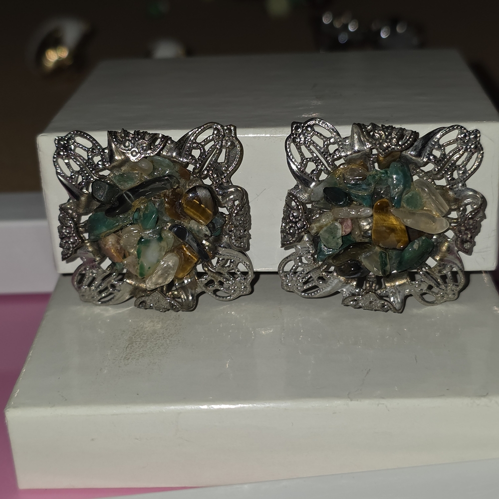 Vintage Silver-tone Filigree With Tumbled Rock Clip-on Earrings
